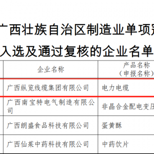 喜訊｜縱覽線纜集團(tuán)榮獲“廣西壯族自治區(qū)制造業(yè)單項(xiàng)冠軍”稱(chēng)號(hào)